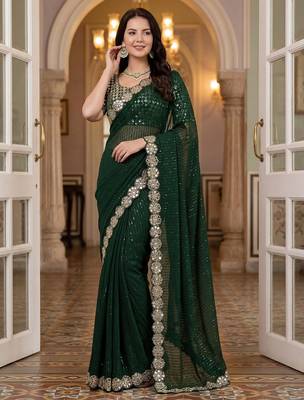 Green faux georgette embroiderd sequence work saree with matching blouse piece 2