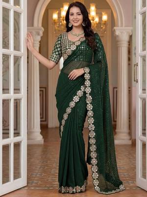 Green faux georgette embroiderd sequence work saree with matching blouse piece 3