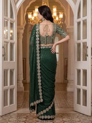 Green faux georgette embroiderd sequence work saree with matching blouse piece 4