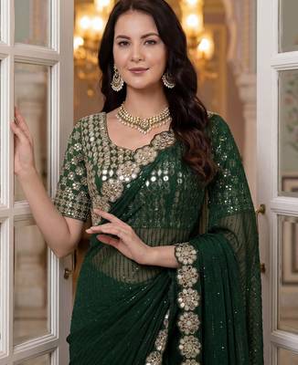 Green faux georgette embroiderd sequence work saree with matching blouse piece 5