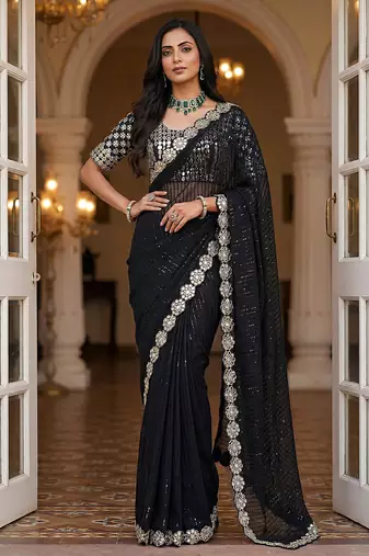 Black faux georgette embroiderd sequence work saree with matching blouse piece