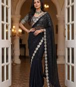 Black faux georgette embroiderd sequence work saree with matching blouse piece