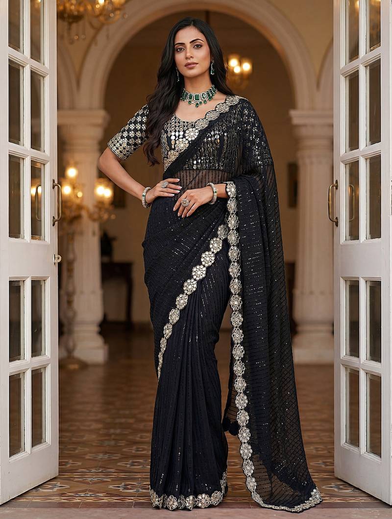 Black faux georgette embroiderd sequence work saree with matching blouse piece