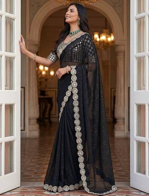 Black faux georgette embroiderd sequence work saree with matching blouse piece 2