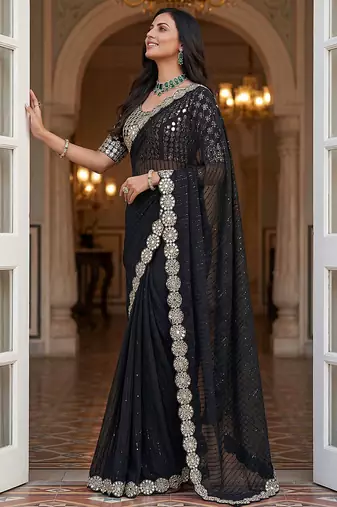 Black faux georgette embroiderd sequence work saree with matching blouse piece