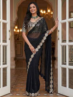 Black faux georgette embroiderd sequence work saree with matching blouse piece 3