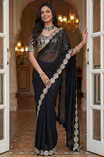 Black faux georgette embroiderd sequence work saree with matching blouse piece