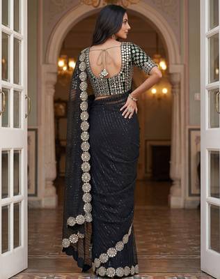 Black faux georgette embroiderd sequence work saree with matching blouse piece 4
