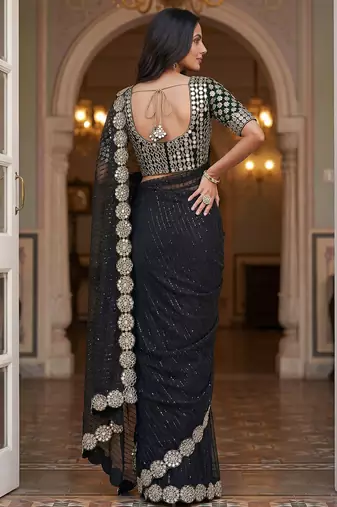 Black faux georgette embroiderd sequence work saree with matching blouse piece