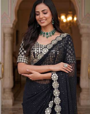 Black faux georgette embroiderd sequence work saree with matching blouse piece 5