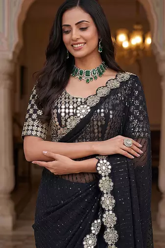 Black faux georgette embroiderd sequence work saree with matching blouse piece