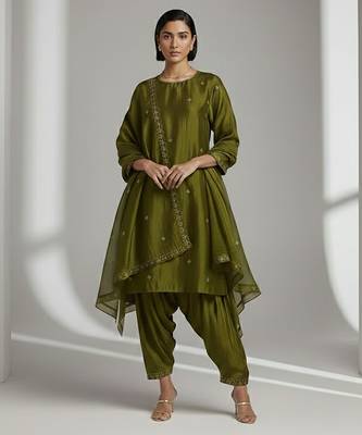 Green chanderi embroidered kurta set 1