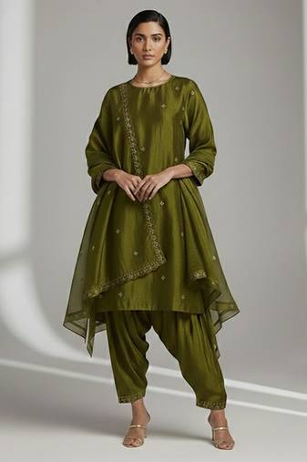 Green chanderi embroidered kurta set