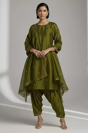 Green chanderi embroidered kurta set