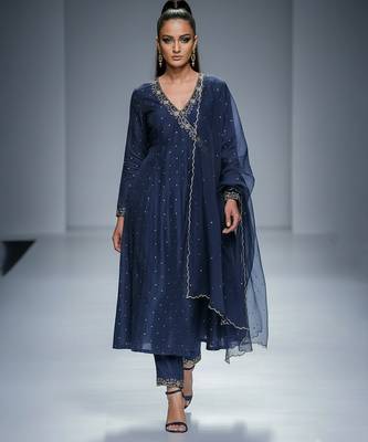 Navy blue chanderi embroidered kurta set 1