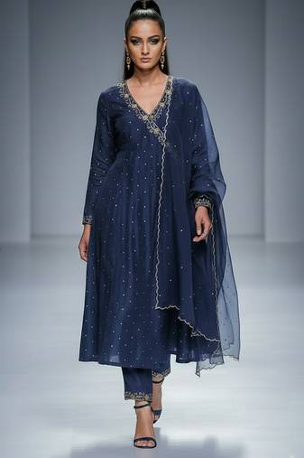 Navy blue chanderi embroidered kurta set