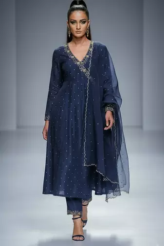 Navy blue chanderi embroidered kurta set