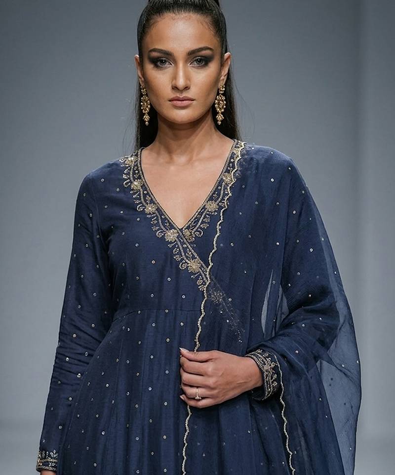 Navy blue chanderi embroidered kurta set