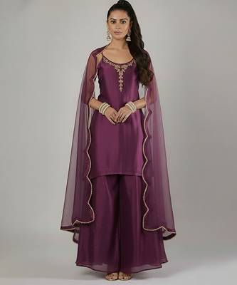 Purple silk embroidered kurta set 1
