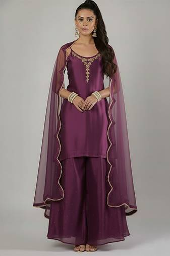 Purple silk embroidered kurta set