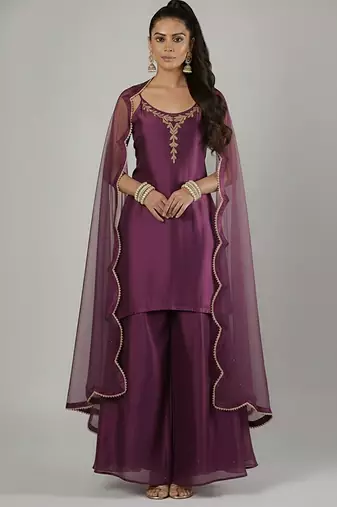 Purple silk embroidered kurta set