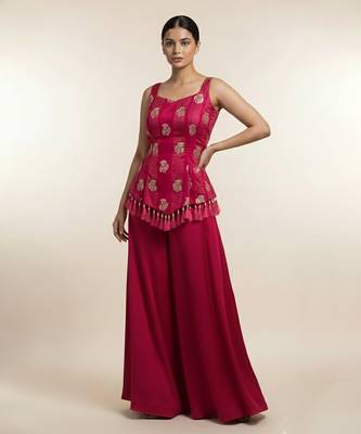 Rani pink silk printed coord set 1