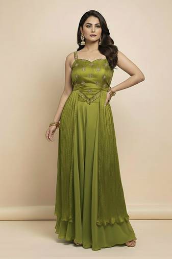 Green silk embroidered dress