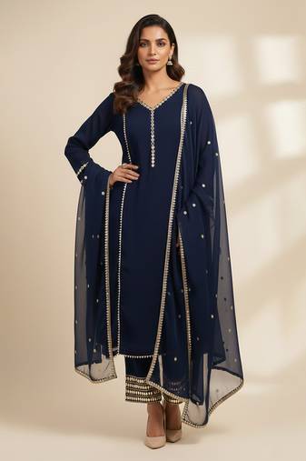 Blue silk embroidered kurta set