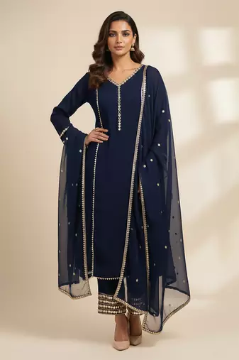 Blue silk embroidered kurta set