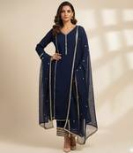 Blue silk embroidered kurta set