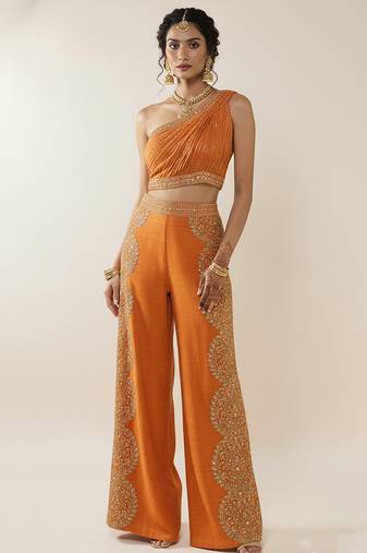 Orange silk embroidered co-ord set