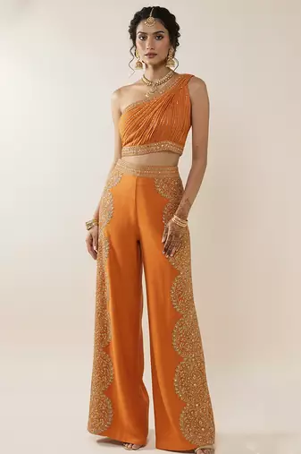 Orange silk embroidered co-ord set