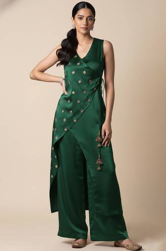 Green satin embroidered kurta set