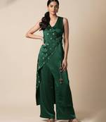Green satin embroidered kurta set