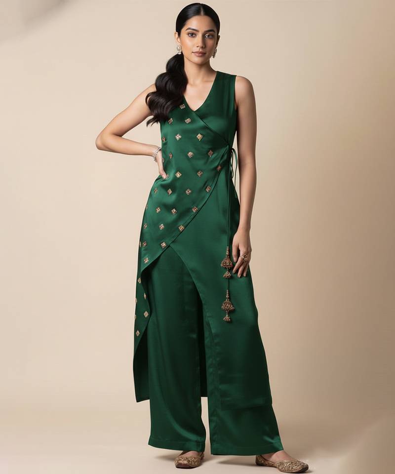 Green satin embroidered kurta set