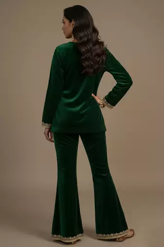 Green embroidered velvet co ord set