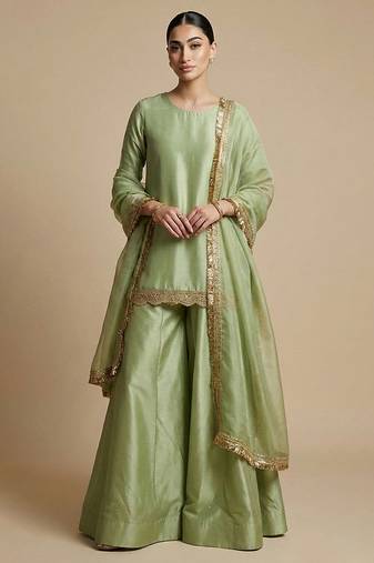 green embroidered silk sharara set for women