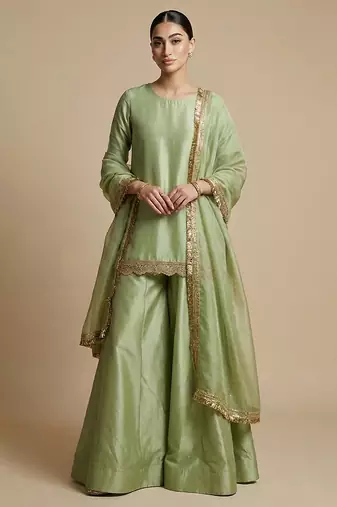 green embroidered silk sharara set for women