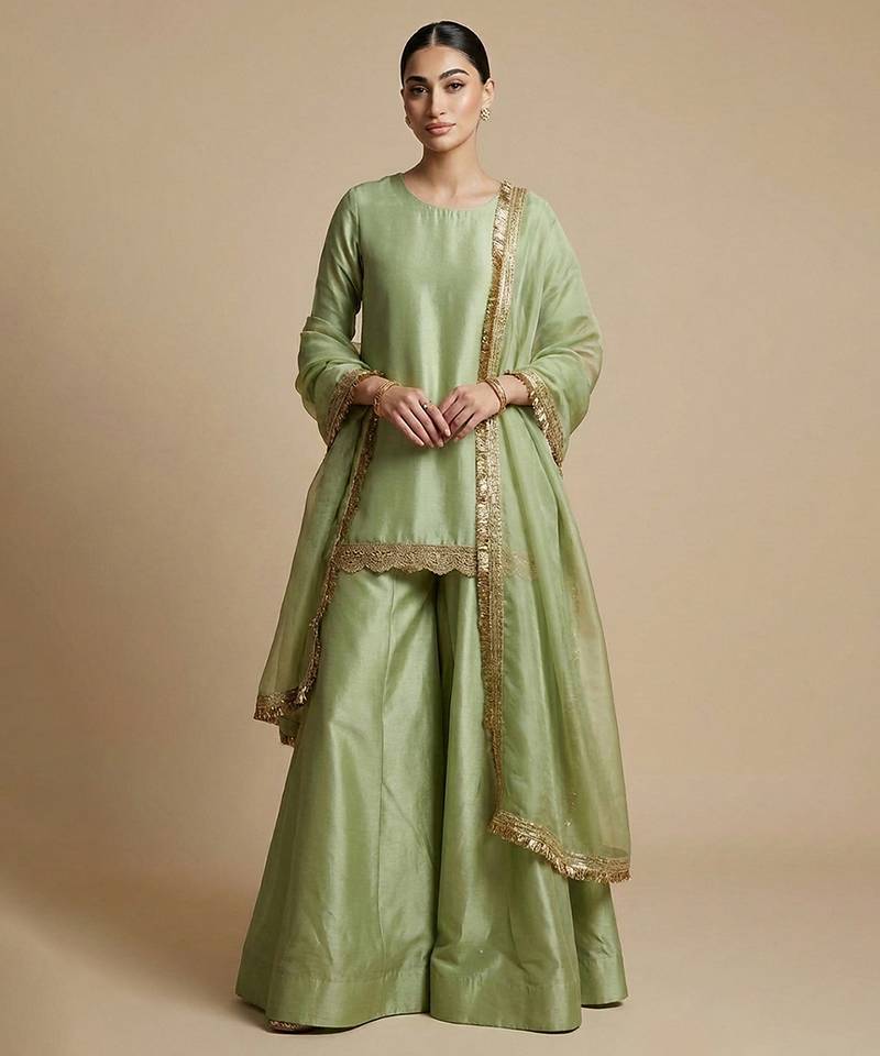 green embroidered silk sharara set for women