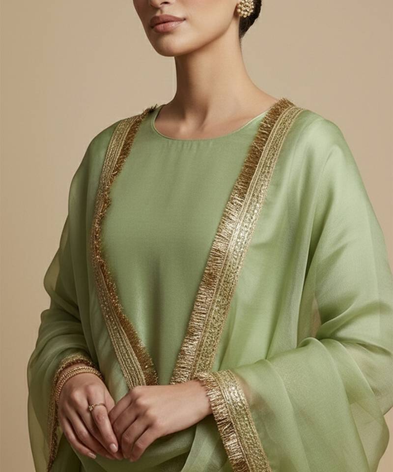 green embroidered silk sharara set for women