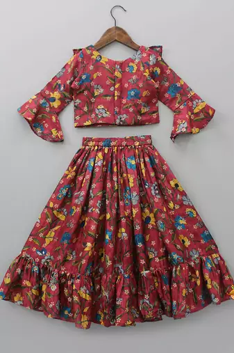 Red floral print cotton flared ruffle lehenga choli set