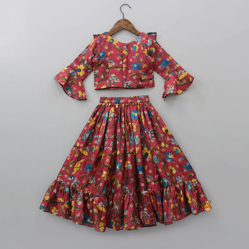 Red floral print cotton flared ruffle lehenga choli set