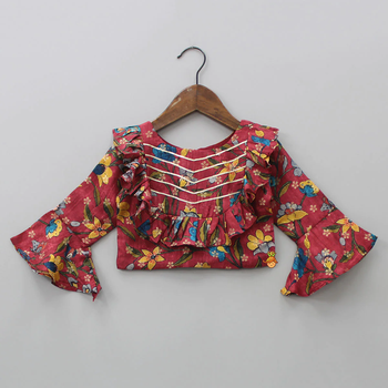 Red floral print cotton flared ruffle lehenga choli set 2