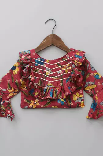 Red floral print cotton flared ruffle lehenga choli set