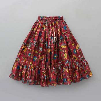 Red floral print cotton flared ruffle lehenga choli set 3