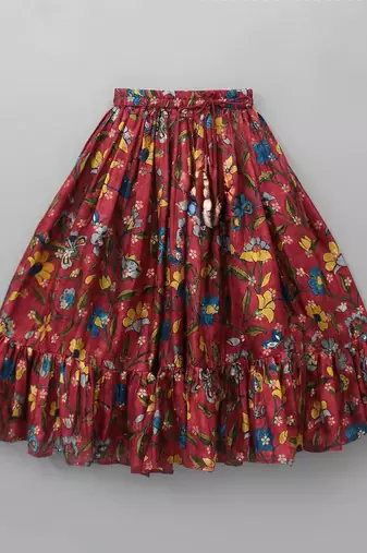 Red floral print cotton flared ruffle lehenga choli set