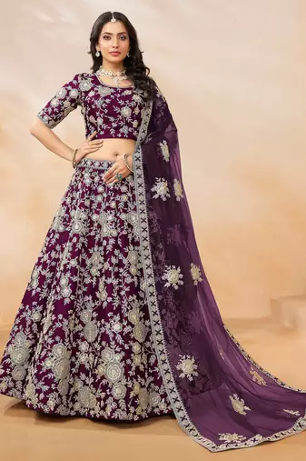 Purple Art Silk Sequins Work Semi Stitched Lehenga Choli Size Up To 42