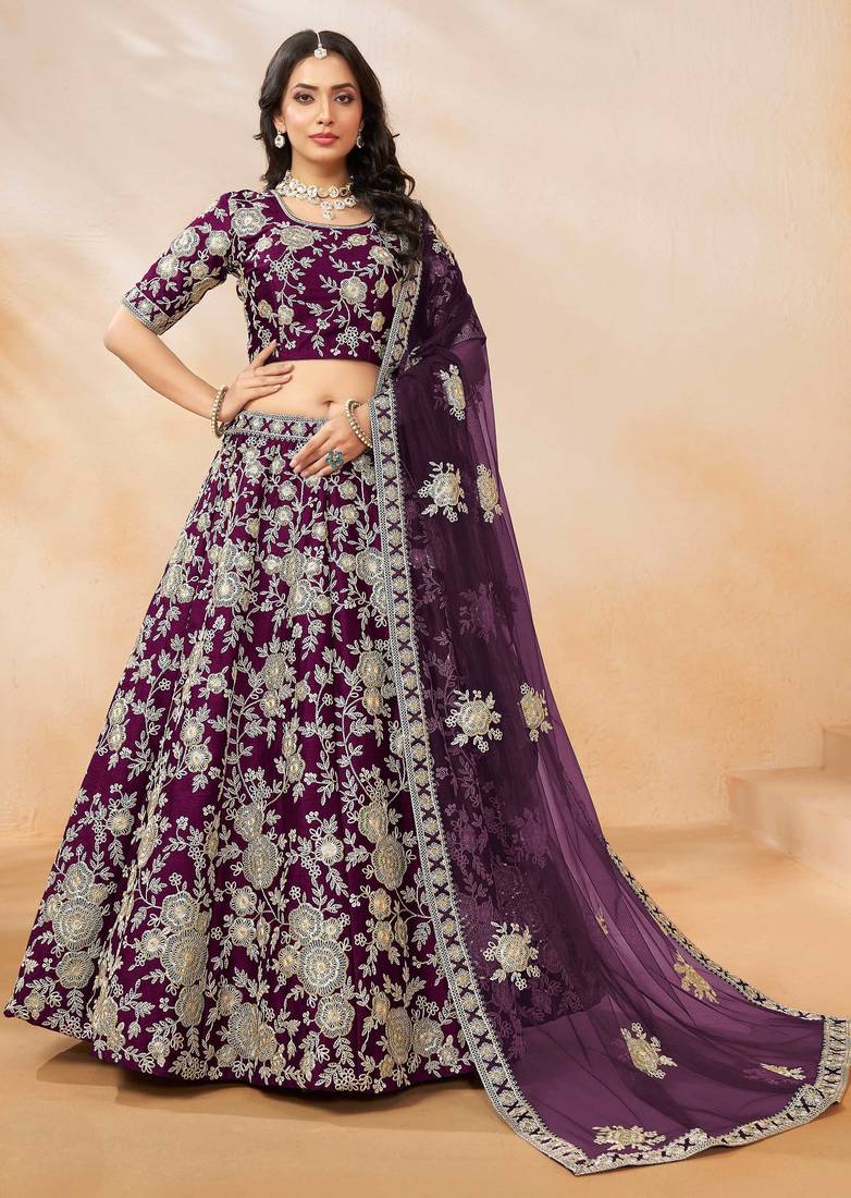 Purple Art Silk Sequins Work Semi Stitched Lehenga Choli Size Up To 42