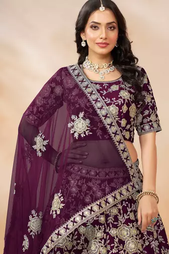 Purple Art Silk Sequins Work Semi Stitched Lehenga Choli Size Up To 42