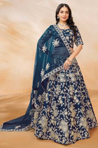 Blue Art Silk Sequins Work Semi Stitched Lehenga Choli Size Up To 42